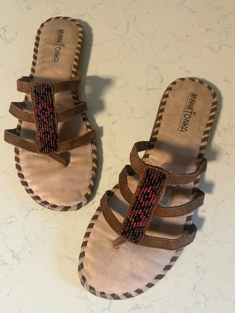 Minnetonka Boho Suede Leather Beaded Strap Sandals in Dusty Brown